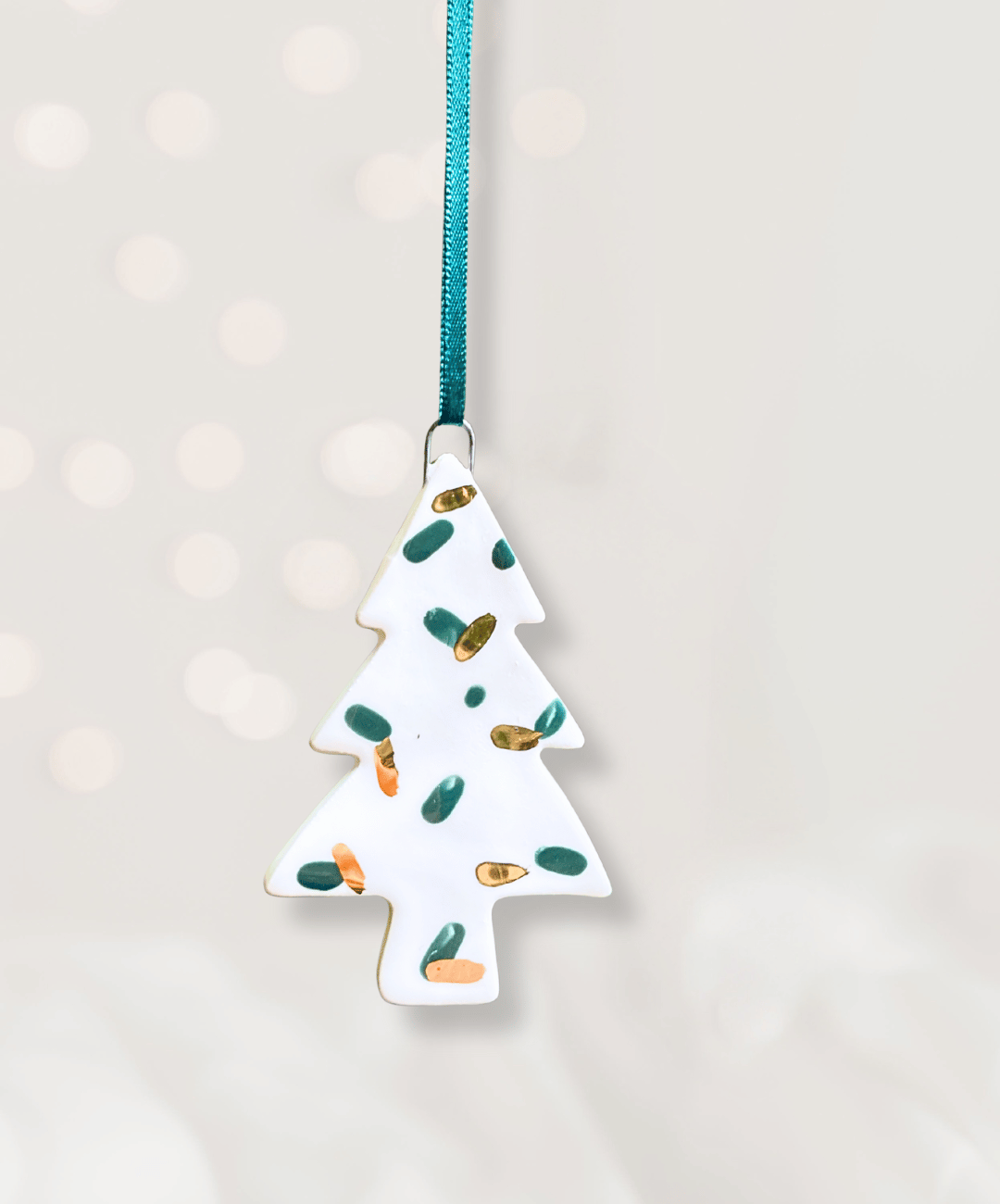 Ceramic Christmas Tree Ornament with green and gold confetti design
