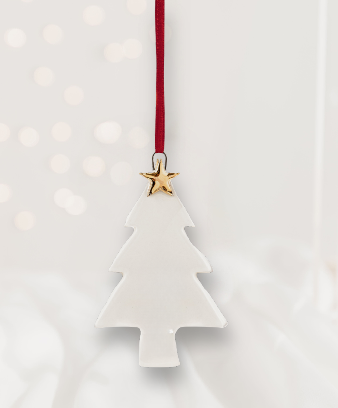 White Ceramic Christmas Tree Ornament with with Gold Star