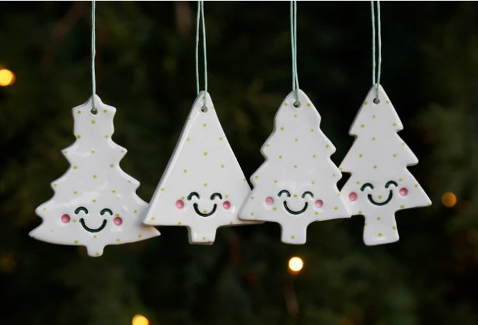 Set of 4 Christmas Tree Ornaments with Smiley Faces