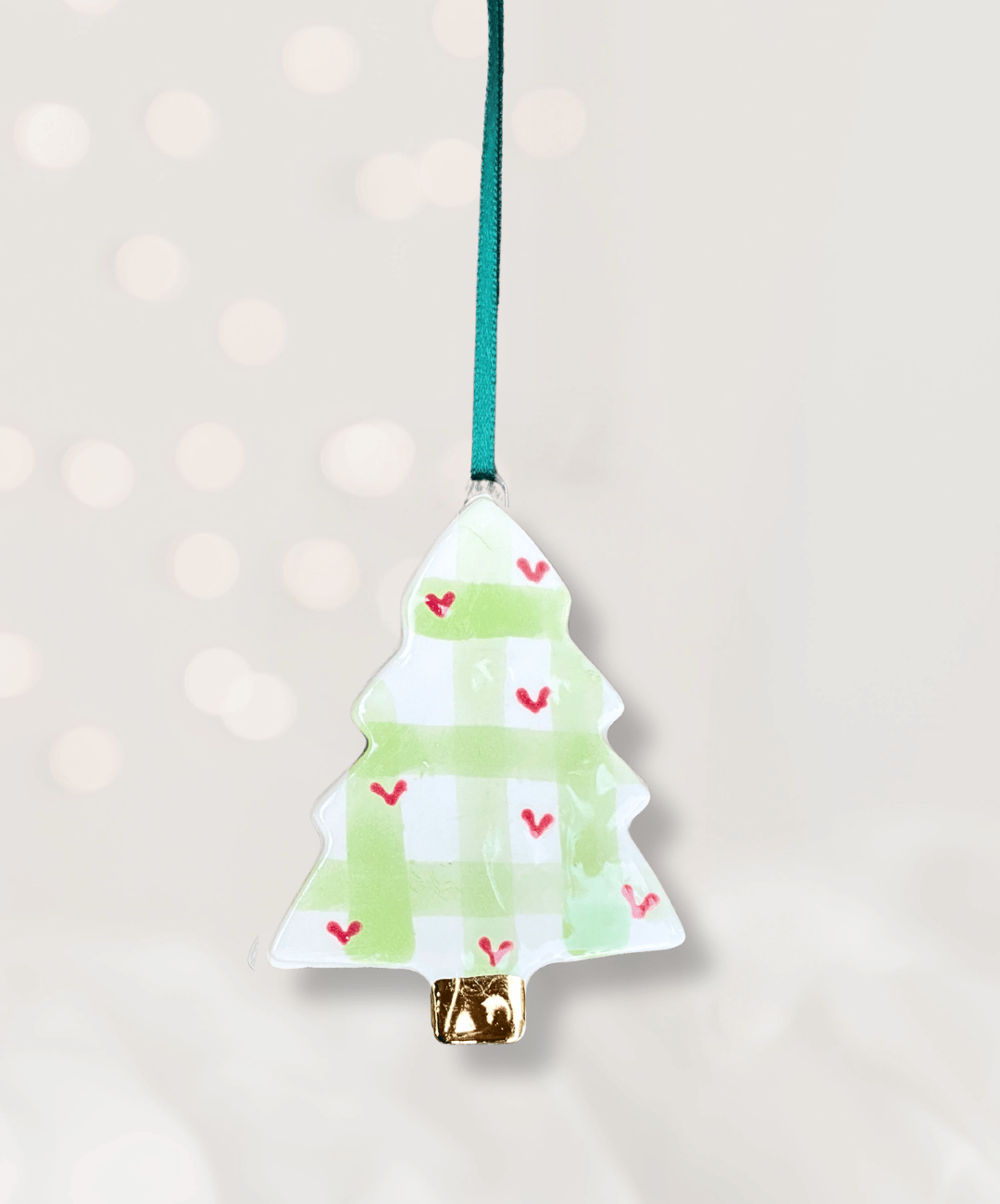 Ceramic Christmas Tree Ornament with check pattern and hearts