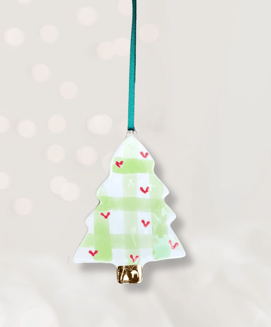 Ceramic Christmas Tree Ornament with check pattern and hearts
