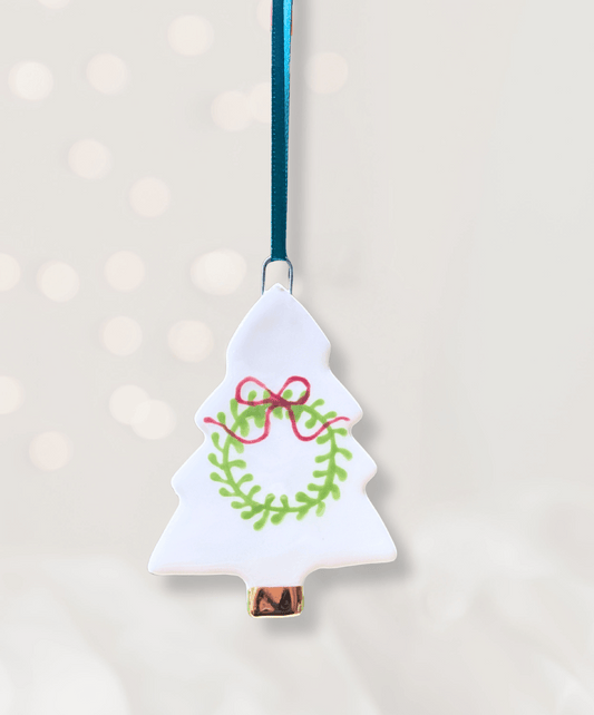 Ceramic Christmas Tree Ornament with Christmas Wreath design
