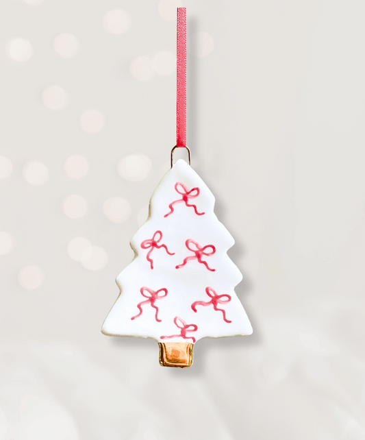 Ceramic Christmas Tree Ornament with Red Bow pattern
