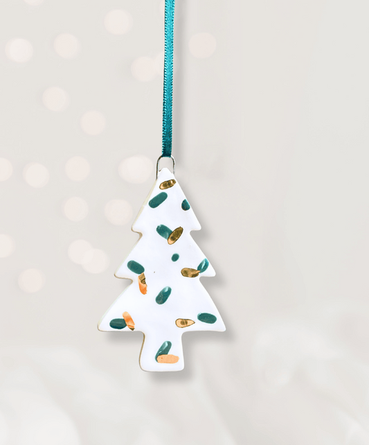 Ceramic Christmas Tree Ornament with green and gold confetti design