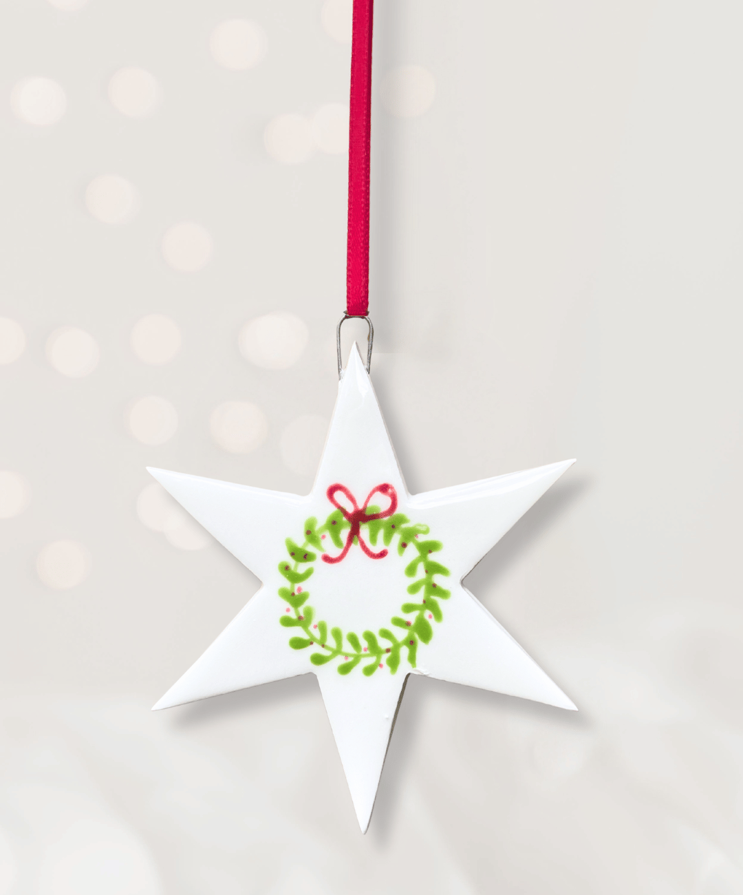 Ceramic Star with hand painted Christmas Wreath