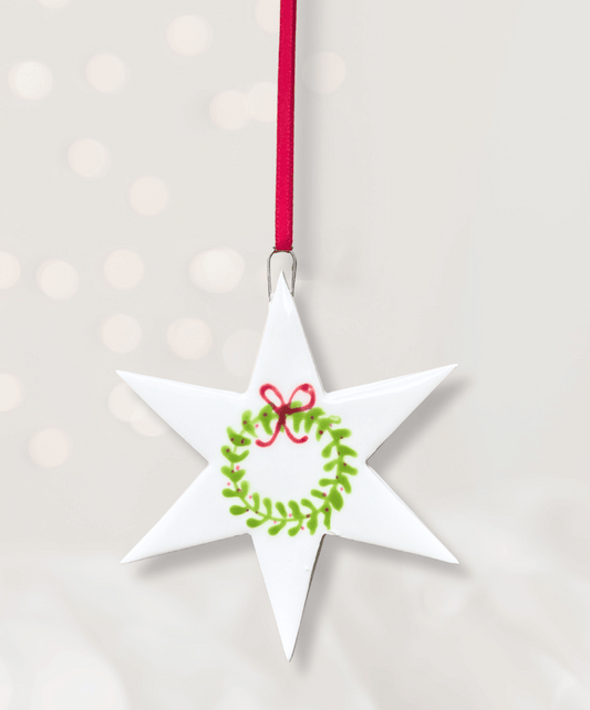 Ceramic Star with hand painted Christmas Wreath