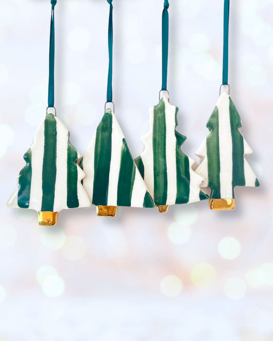 Set of 4 Christmas Tree Ornaments with Green Stripes with gold trunks
