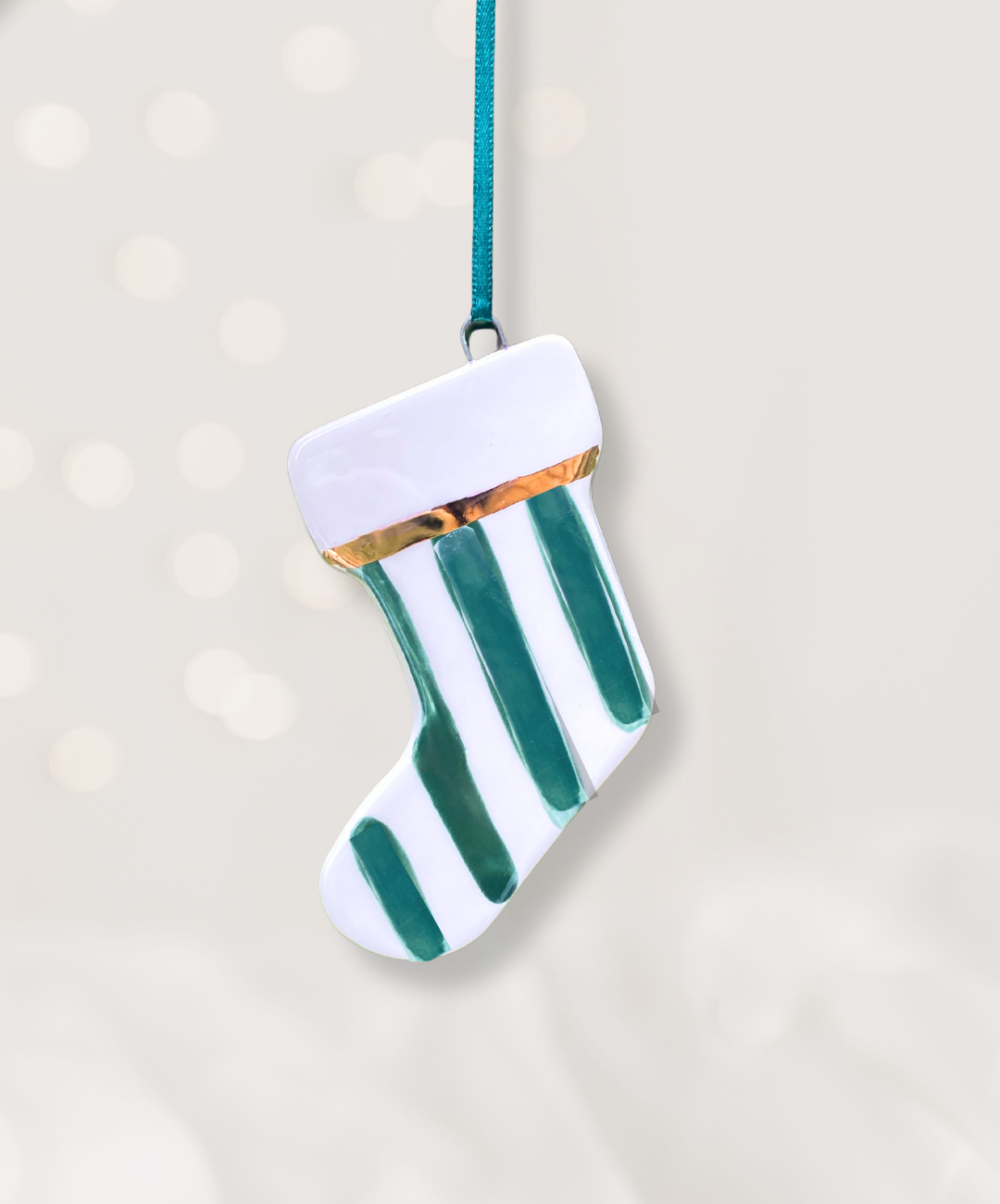 Ceramic Stocking Ornament with Green Stripe pattern