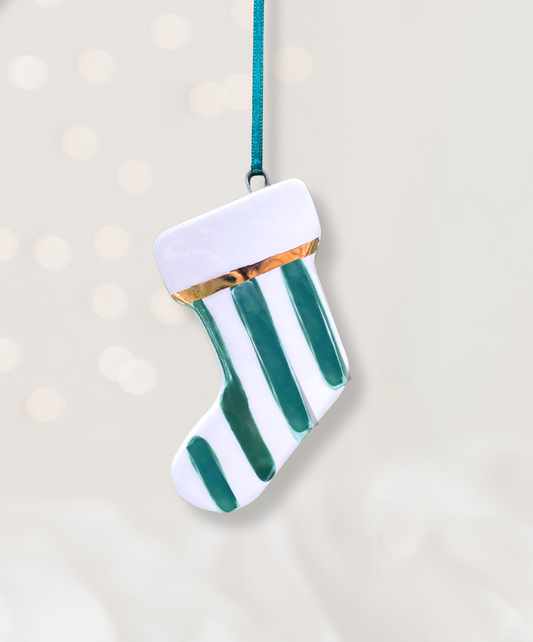 Ceramic Stocking Ornament with Green Stripe pattern