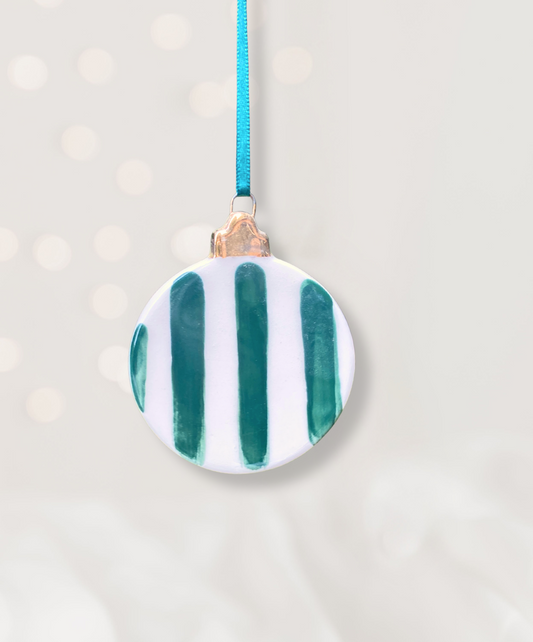Ceramic Flat Bauble Ornament with Green Stripe pattern
