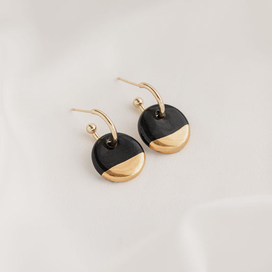Black Mini Ceramic Circle Charm with Huggie Hoops