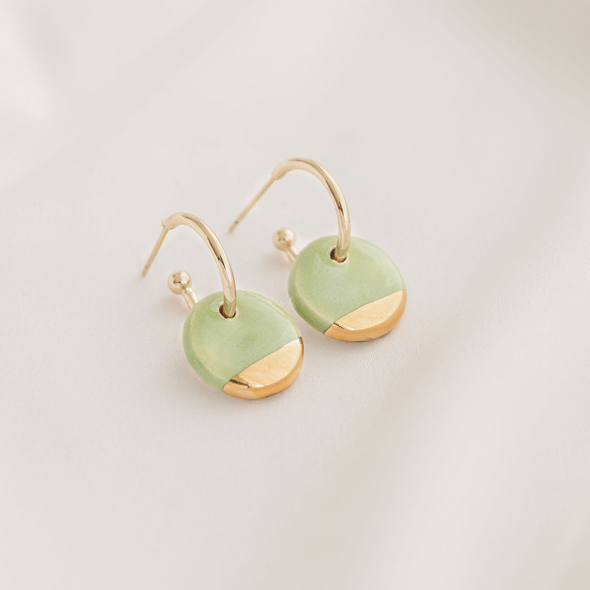 Light Green Mini Ceramic Circle Charm with Huggie Hoops