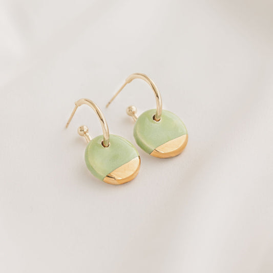 Light Green Mini Ceramic Circle Charm with Huggie Hoops