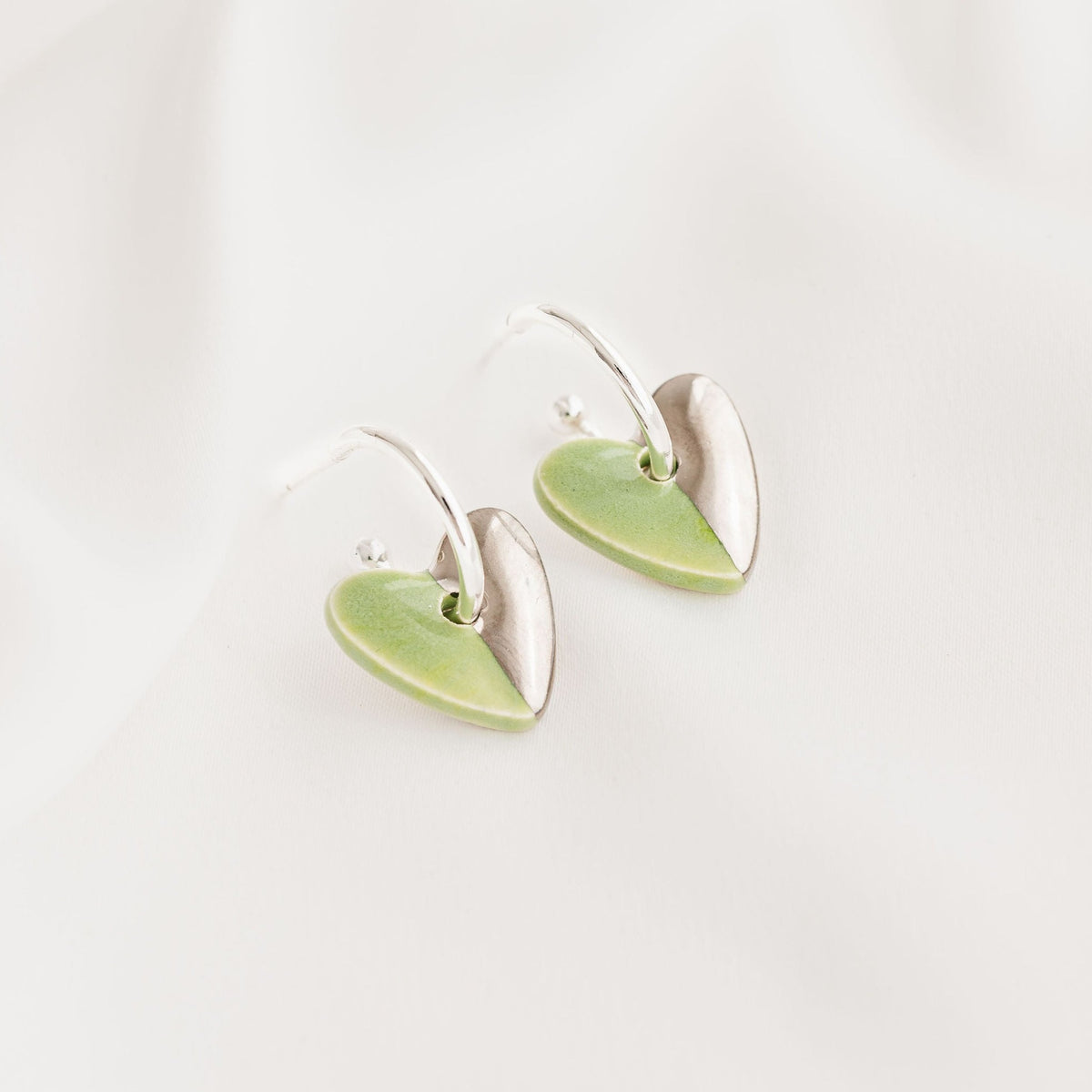 Light Green Ceramic Heart Charm with Huggie Hoops