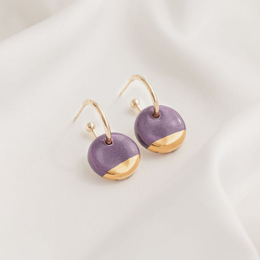 Purple Mini Ceramic Circle Charm with Huggie Hoops