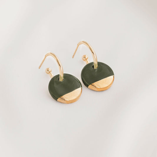 Dark Green Mini Ceramic Circle Charm with Huggie Hoops
