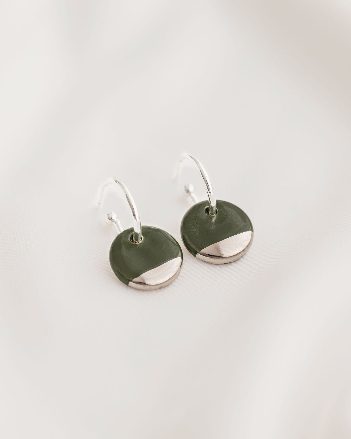 Dark Green Mini Ceramic Circle Charm with Huggie Hoops
