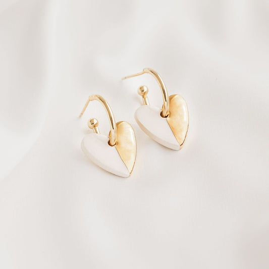 White Mini Ceramic Heart Charm with Huggie Hoops