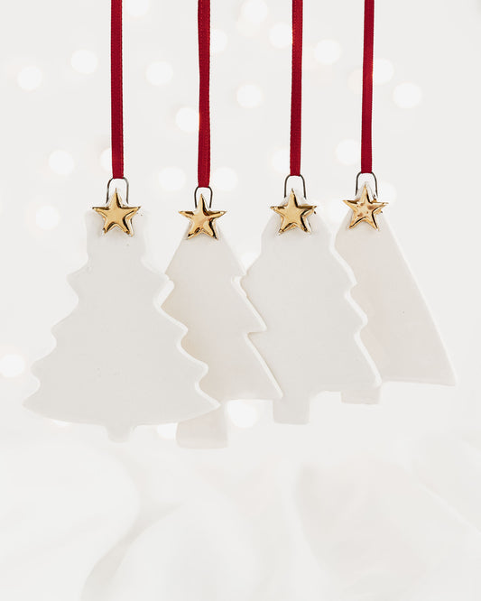 Set of 4 Christmas Tree Ornaments with Shiny Gold Stars