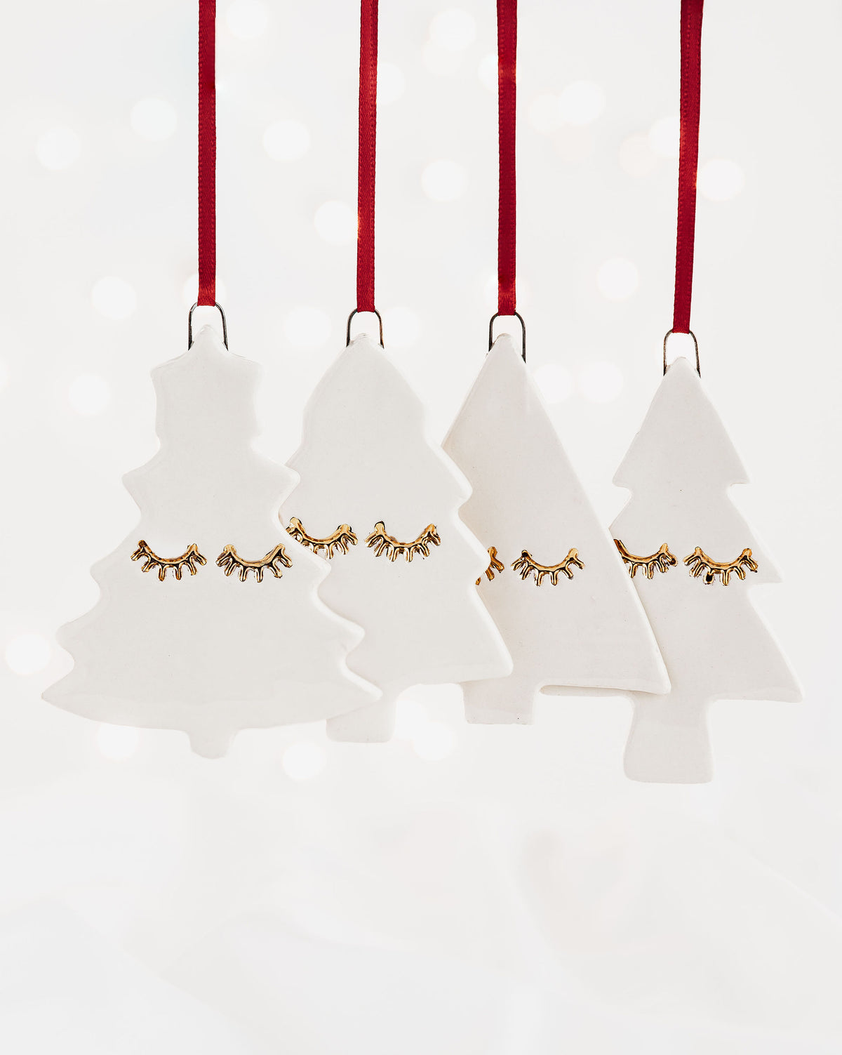 Set of 4 Christmas Tree Ornaments with Gold Eyelashes