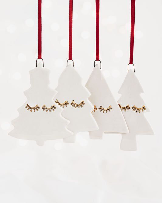 Set of 4 Christmas Tree Ornaments with Gold Eyelashes