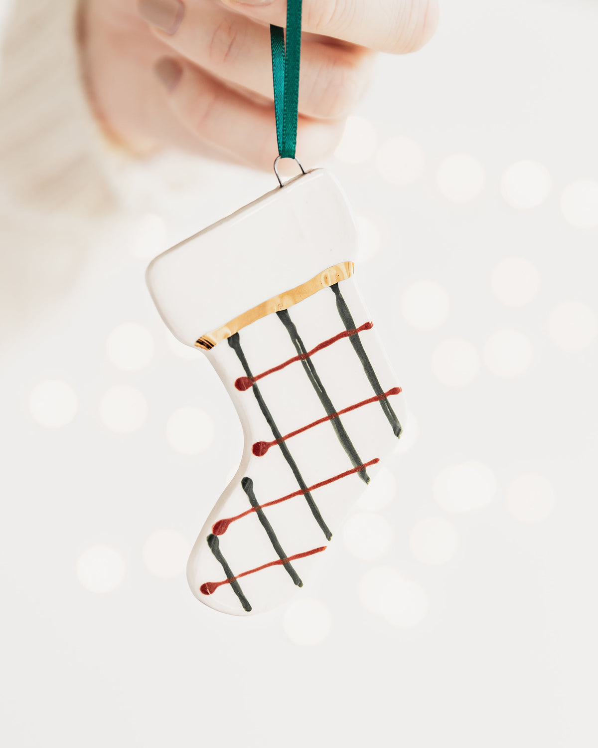 Ceramic Stocking Ornament with Red and Green Pattern