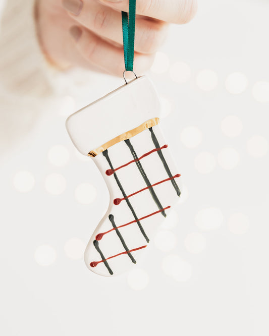 Ceramic Stocking Ornament with Red and Green Pattern