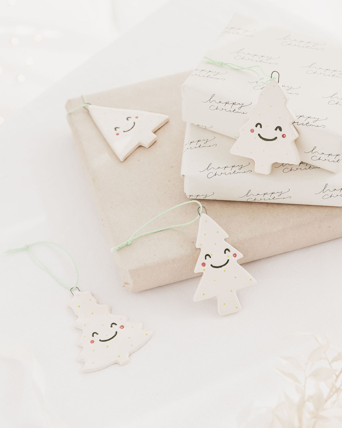 Set of 4 Christmas Tree Ornaments with Smiley Faces