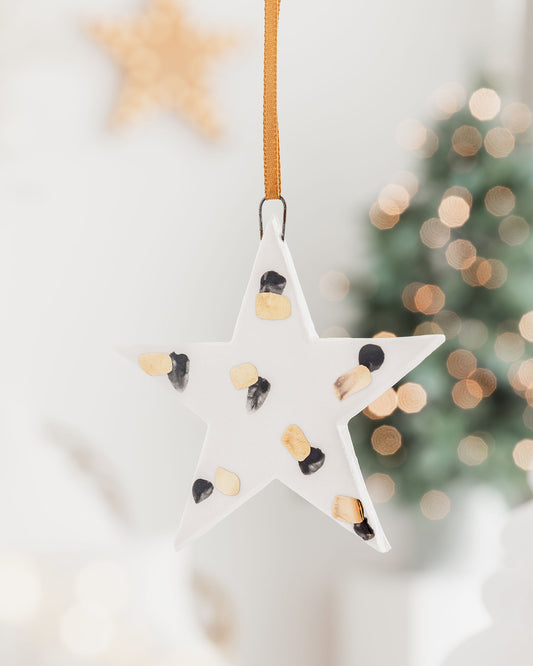 Ceramic Star Ornament with Black and Gold Painted Pattern