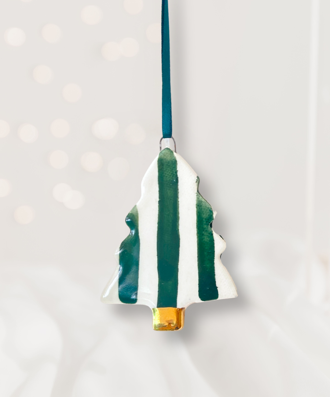 Ceramic Christmas Tree Ornament with hand painted Green stripes