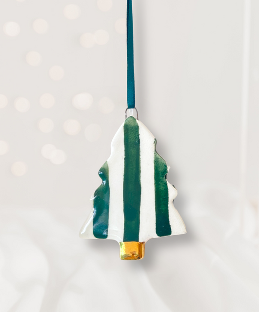 Ceramic Christmas Tree Ornament with hand painted Green stripes