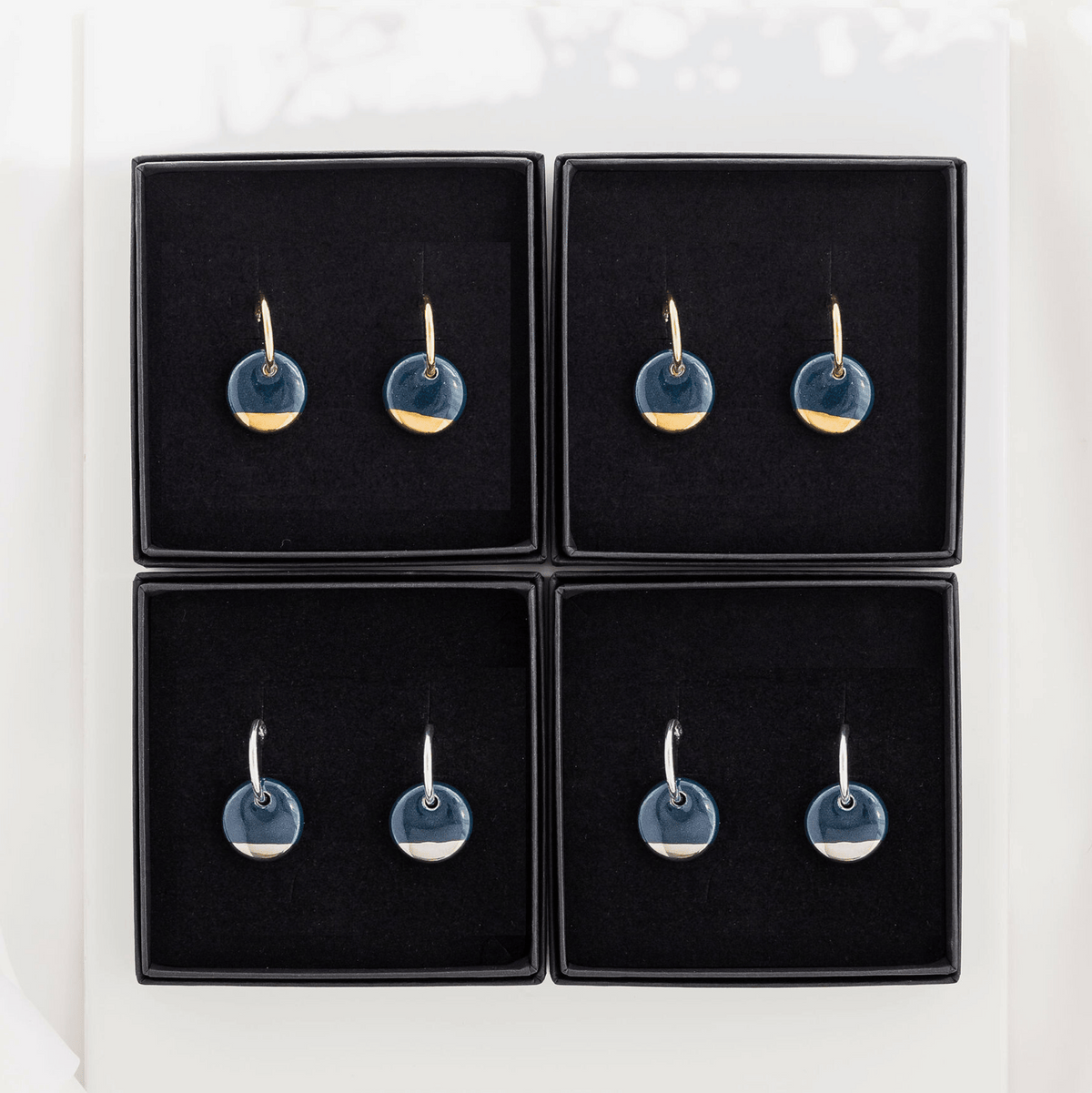 Navy Blue Mini Ceramic Circle Charm with Huggie Hoops