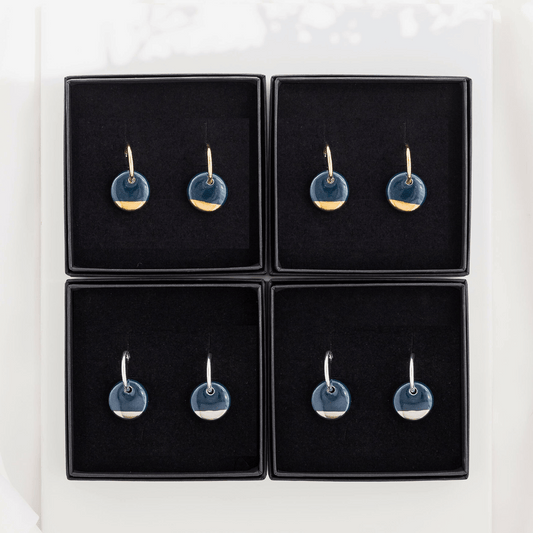 Navy Blue Mini Ceramic Circle Charm with Huggie Hoops