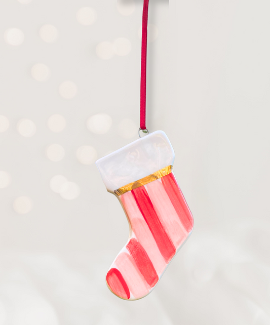 Ceramic Stocking Ornament with Red and Pink Stripe