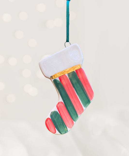 Ceramic Stocking Ornament with Red and Green Stripe