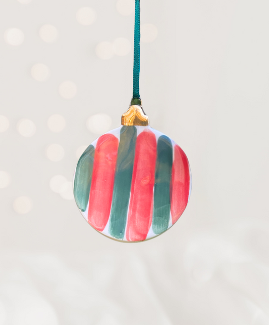 Ceramic Flat Bauble Ornament with Red and Green Striped Pattern