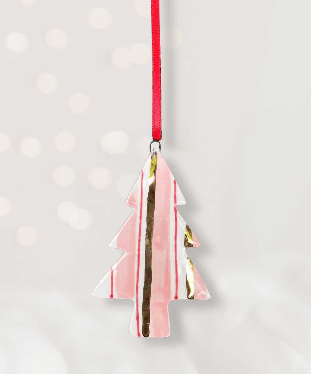Ceramic Christmas Tree Ornament with pink, red and gold stripes