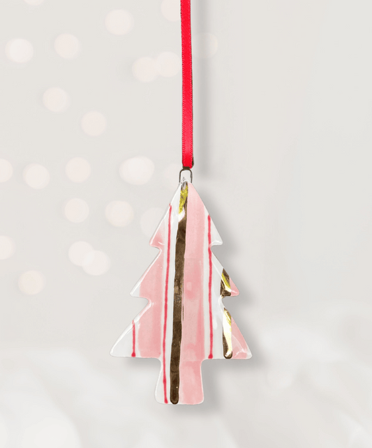 Ceramic Christmas Tree Ornament with pink, red and gold stripes