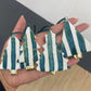 Set of 4 Christmas Tree Ornaments with Green Stripes with gold trunks
