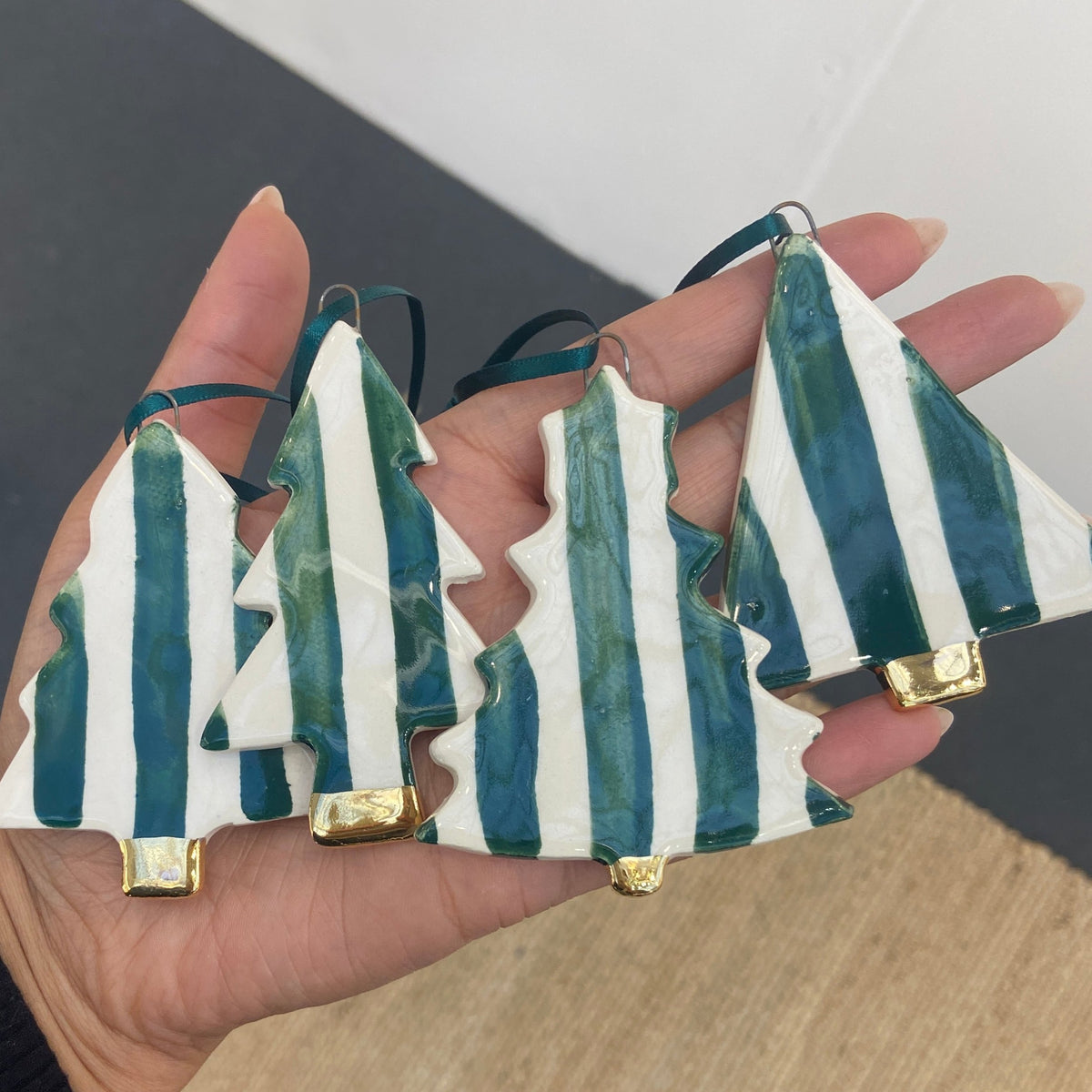 Set of 4 Christmas Tree Ornaments with Green Stripes with gold trunks