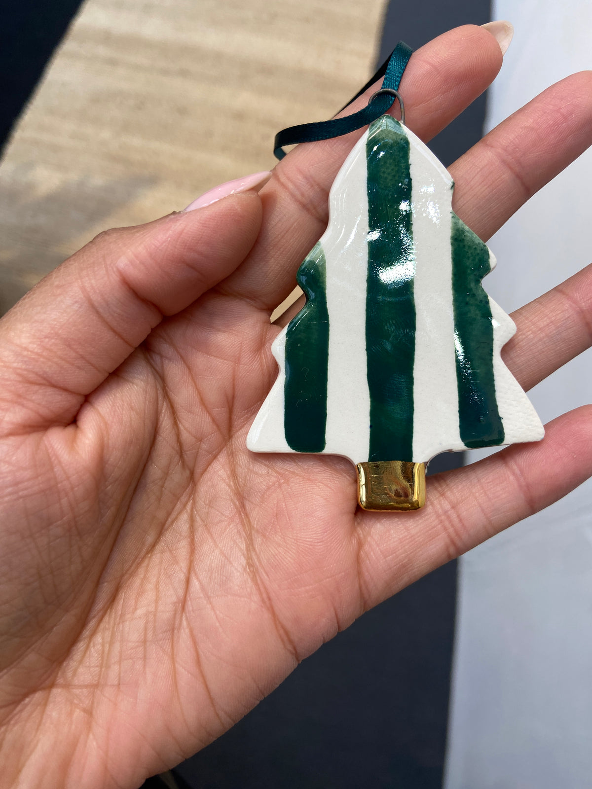 Ceramic Christmas Tree Ornament with hand painted Green stripes