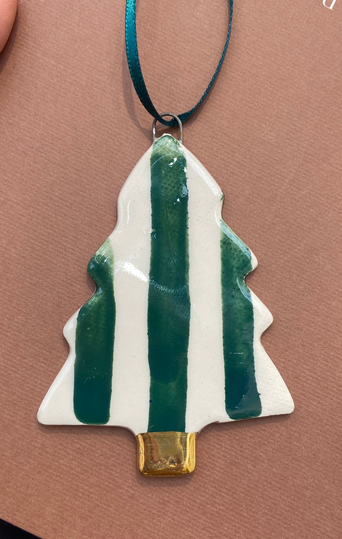 Ceramic Christmas Tree Ornament with hand painted Green stripes