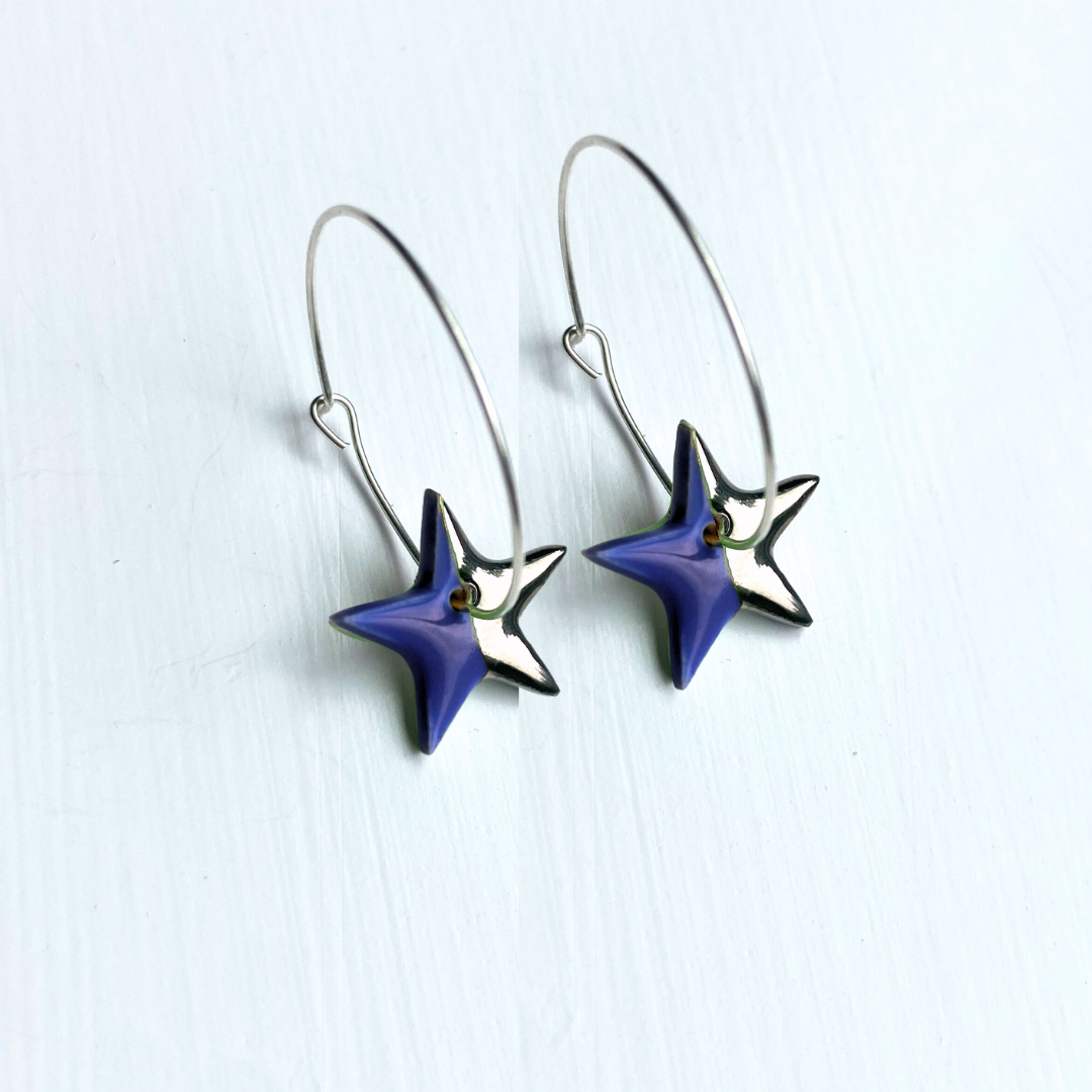 New Hoop Earrings with Dark Blue Star Charms