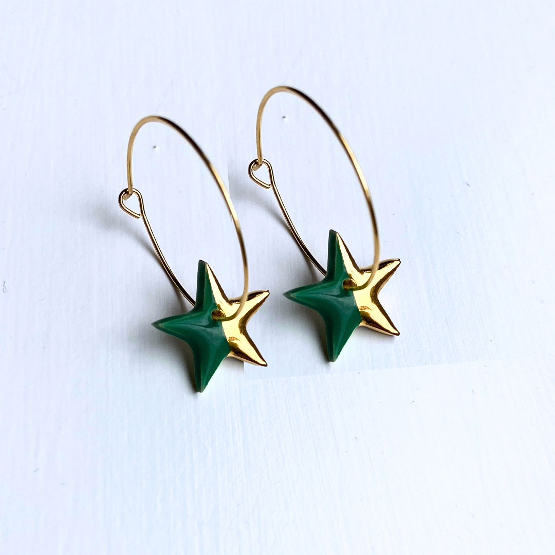 New Hoop Earrings with Dark Green Star Charms