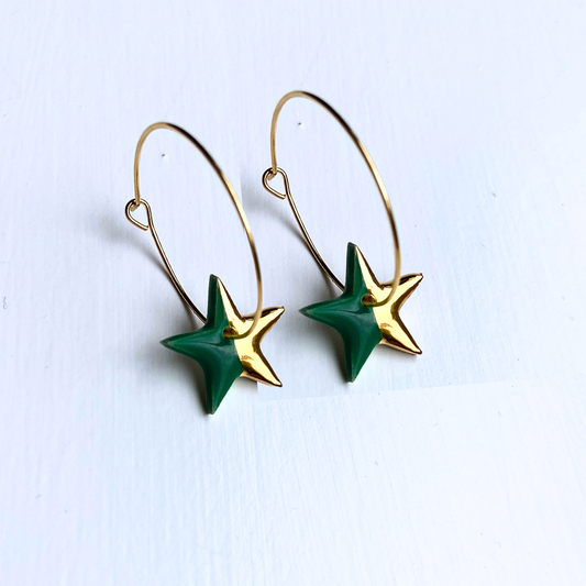 New Hoop Earrings with Dark Green Star Charms