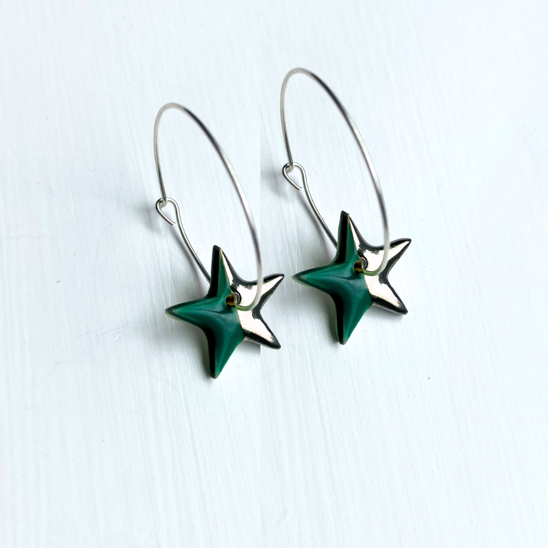 New Hoop Earrings with Dark Green Star Charms