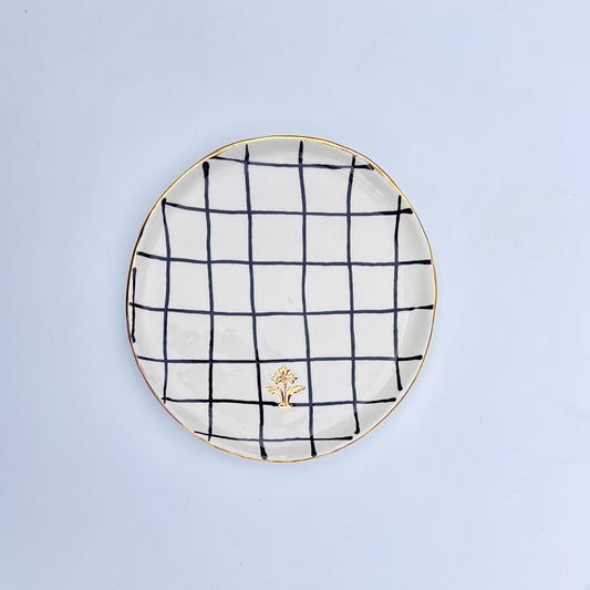 Side Plate with Checked Black Pattern and Gold Flower Motif Stamp