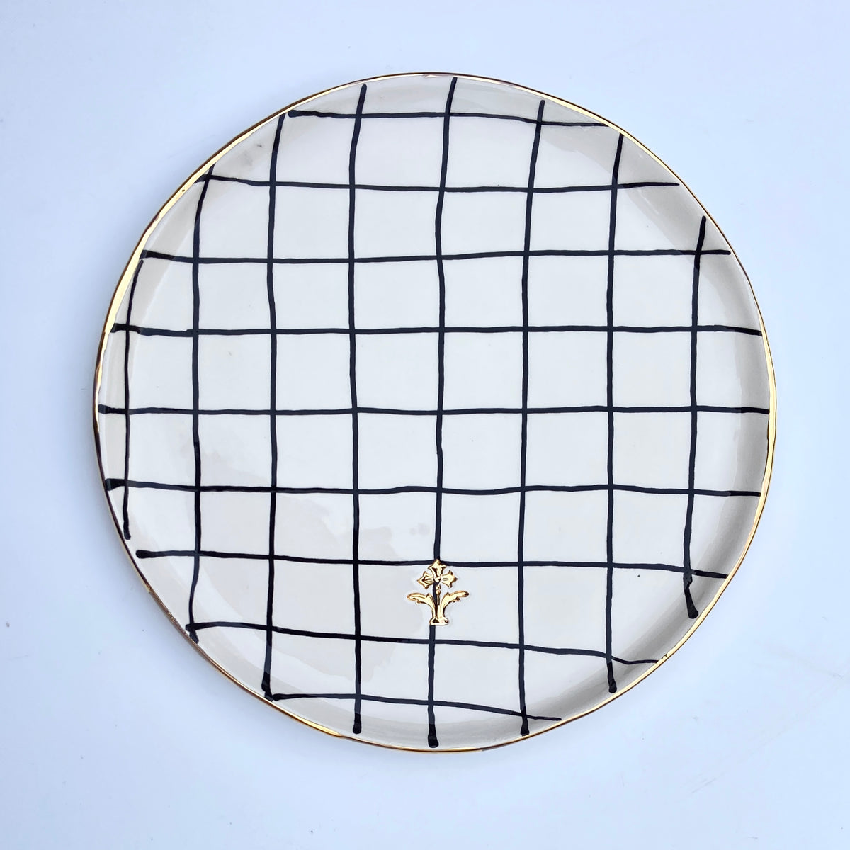 Large Serving Plate with Black Checked Pattern and Gold Flower Motif Stamp