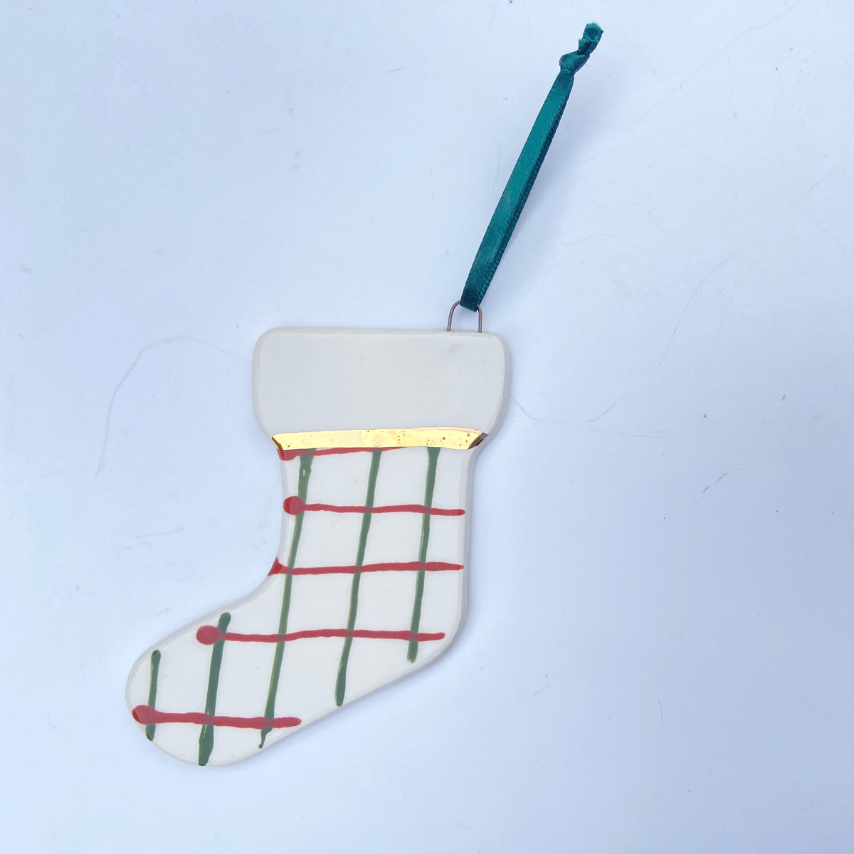 Ceramic Stocking Ornament with Red and Green Pattern