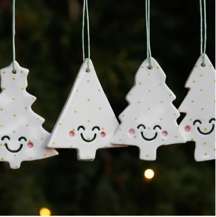 Set of 4 Christmas Tree Ornaments with Smiley Faces
